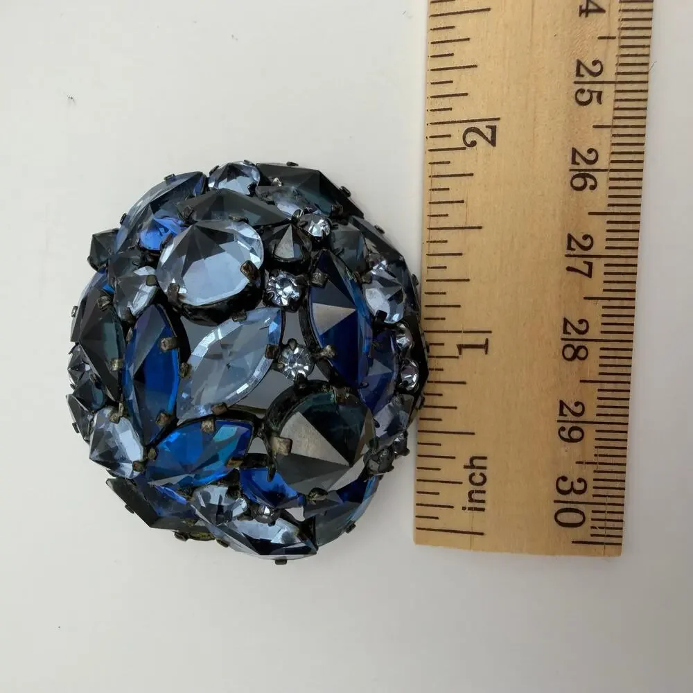 Vintage Signed AUSTRIA Blue Rhinestone Domed Bombé Cluster Brooch Pin⁠